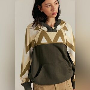 Free People Olive and Cream Chevron Hoodie